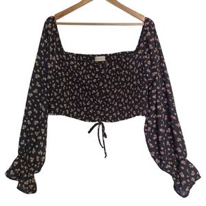 Altar'd State Womens L Black Floral Print Cropped Smocked Long Sleeve Top Blouse